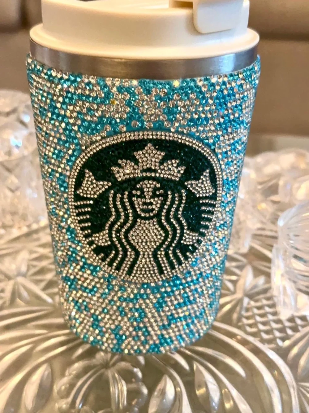BeautTurquoise& Silver Rhinestone Bling Blue White TemperatureCheck Tumbler